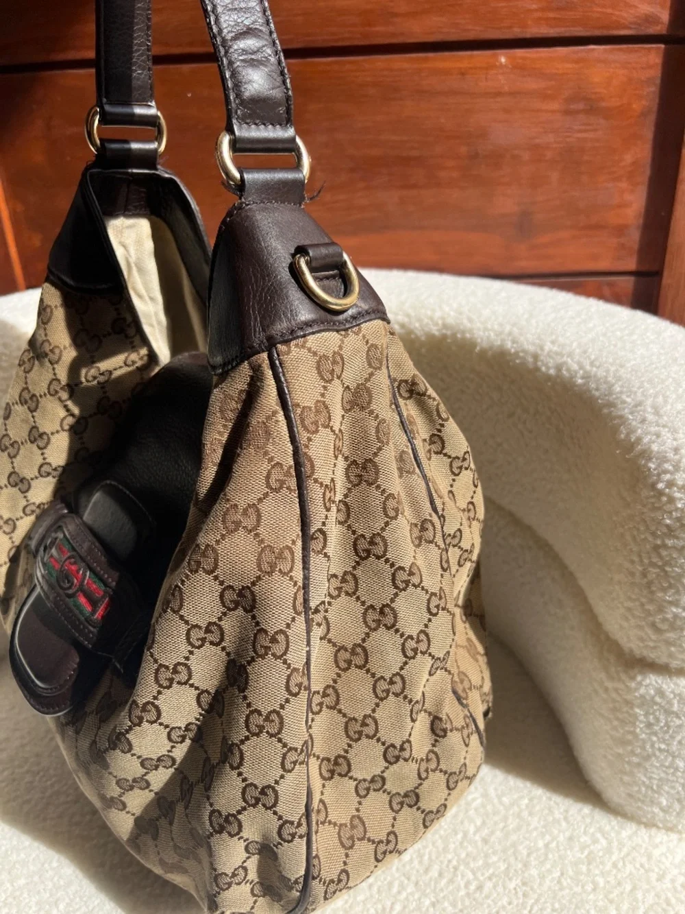 GUCCI Beige/Ebony GG Canvas Dressage Hobo Bag
